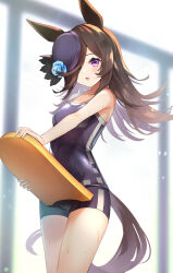Rule 34 | 1girl, animal ears, bare shoulders, blue flower, blue rose, blurry, blurry background, blush, breasts, brown hair, commentary, cowboy shot, flower, hair over one eye, hat, highres, holding kickboard, horse ears, horse girl, horse tail, kickboard, lens flare, long hair, looking at viewer, meyamu, one-piece swimsuit, open mouth, purple eyes, purple hat, rice shower (umamusume), rose, school swimsuit, small breasts, solo, standing, swimsuit, tail, tracen swimsuit, umamusume, wet
