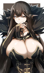 Rule 34 | 1girl, bare shoulders, black dress, blush, breasts, bridal gauntlets, brown hair, cleavage, dress, fate/apocrypha, fate (series), fur trim, gin moku, gold trim, highres, large breasts, long hair, looking at viewer, pointy ears, semiramis (fate), sidelocks, slit pupils, spikes, very long hair, yellow eyes