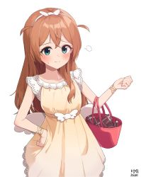 Rule 34 | alternate hair length, alternate hairstyle, aqua eyes, baba konomi, bag, beige dress, blush, box, box of chocolates, breasts, collarbone, commentary request, eyebrows, hairband, hand on own hip, hand up, highres, idolmaster, idolmaster million live!, idolmaster million live! theater days, long hair, looking at viewer, myeolchi, red bag, ribbon, small breasts, smile, solo, sweat, white background, wing hair ornament, wings, wrist ribbon