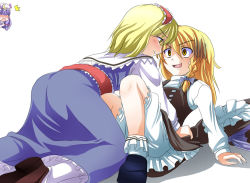 Rule 34 | 3girls, alice margatroid, ass, blonde hair, bloomers, buttons, capelet, dress, female focus, girl on top, hair ribbon, hairband, hat, jealous, kirisame marisa, multiple girls, naughty face, pantyhose, patchouli knowledge, ribbon, touhou, tri, underwear, witch, witch hat, you gonna get raped, yuri