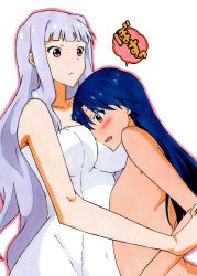 Rule 34 | 2girls, blue hair, blunt bangs, blush, breasts, collarbone, flat chest, ginnoturu, idolmaster, idolmaster (classic), kisaragi chihaya, long hair, looking at another, multiple girls, naked towel, nude, official style, open mouth, parted bangs, shijou takane, silver hair, simple background, sweatdrop, towel, traditional media, very long hair, yuri