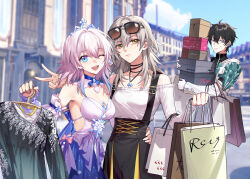Rule 34 | 1boy, 2girls, ;d, arm around waist, bag, bare shoulders, black hair, black skirt, blue eyes, blue skirt, blurry, blurry background, box, breasts, casual, cleavage, clothes hanger, coat, commentary request, dan heng (honkai: star rail), detached sleeves, dress, eyewear on head, gradient hair, head tilt, highres, holding, holding box, holding clothes hanger, honkai: star rail, honkai (series), jewelry, kangetsu (fhalei), long sleeves, looking at viewer, march 7th (honkai: star rail), medium breasts, medium hair, multicolored hair, multiple girls, necklace, off-shoulder shirt, off shoulder, official alternate costume, one eye closed, open mouth, pendant, pink hair, shirt, shoe box, shopping bag, skirt, smile, stelle (honkai: star rail), sunglasses, tiara, trailblazer (honkai: star rail), v, white coat, white shirt