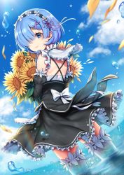 Rule 34 | 10s, 1girl, black sleeves, blue eyes, blue hair, blue sky, bouquet, bow, cloud, cowboy shot, day, detached sleeves, dutch angle, flower, frilled skirt, frilled thighhighs, frills, from behind, grey thighhighs, hair flower, hair ornament, hair over one eye, hair ribbon, head wreath, highres, holding, holding bouquet, looking at viewer, medium skirt, outdoors, pink ribbon, re:zero kara hajimeru isekai seikatsu, rem (re:zero), rewolf, ribbon, short hair, skirt, sky, solo, standing, sunflower, thighhighs, white bow, white flower, white skirt, x hair ornament, yellow flower