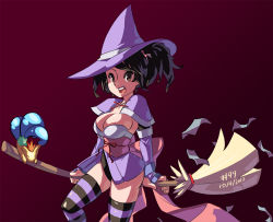 Rule 34 | 00s, 1girl, adapted costume, alternate costume, black hair, bow, breasts, broom, brown eyes, cleavage, corrine, dated, drawfag, fox, fujibayashi sheena, halloween, hat, junkpuyo, large breasts, long hair, ofuda, open mouth, ponytail, ribbon, smile, solo, striped clothes, striped thighhighs, tales of (series), tales of symphonia, thighhighs, witch, witch hat, zettai ryouiki