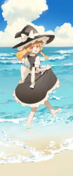 Rule 34 | 1girl, :d, absurdres, barefoot, beach, black hat, black skirt, blonde hair, blue sky, blush, bow, braid, clothes lift, cloud, commentary request, hat, hat bow, highres, kirisame marisa, long hair, looking at viewer, looking back, ocean, open mouth, puffy short sleeves, puffy sleeves, sash, shirt, short sleeves, single braid, skirt, skirt lift, sky, smile, solo, touhou, water, white bow, white sash, white shirt, witch hat, yamaguchi (noichi674)