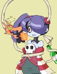 Rule 34 | 1girl, @ @, alcohol, aliasing, blue hair, blue skin, blush, blush stickers, bottle, breath, colored skin, detached collar, detached sleeves, dress, drunk, hair over one eye, leviathan (skullgirls), nikukoppun60, open mouth, pixel art, red eyes, side ponytail, skullgirls, squigly (skullgirls), stitched mouth, stitches, yellow background