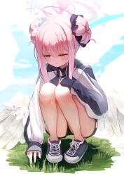 Rule 34 | 1girl, :t, absurdres, angel wings, bare legs, blue archive, blush, double bun, feathered wings, grass, hair bun, halo, highres, jacket, looking down, mika (blue archive), outdoors, pink hair, pout, r32532107, shoes, short shorts, shorts, sidelocks, sneakers, solo, squatting, track jacket, wings