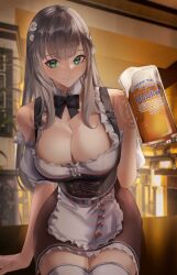Rule 34 | 1girl, absurdres, alcohol, apron, aragiken, beer, black bow, black bowtie, black corset, blurry, blurry background, bow, bowtie, breasts, character name, cleavage, closed mouth, copyright name, corset, cup, daisy, detached collar, detached sleeves, drinking glass, flower, foam, frills, green eyes, grey hair, hair flower, hair ornament, highres, holding, holding cup, hololive, indoors, large breasts, long hair, looking at viewer, maid apron, mole, mole on breast, official alternate costume, official alternate hair length, official alternate hairstyle, puffy short sleeves, puffy sleeves, shirogane noel, shirogane noel (dirndl), short sleeves, sitting, skirt, smile, solo, straight hair, thighhighs, virtual youtuber, white thighhighs, zettai ryouiki