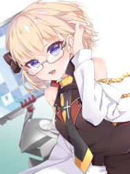 Rule 34 | 1girl, azur lane, bare shoulders, black bow, black necktie, blonde hair, blurry, blurry background, blush, bow, brown shirt, brown skirt, commentary request, depth of field, dutch angle, glasses, hair between eyes, hair bow, hand in own hair, hand up, jacket, long sleeves, looking at viewer, necktie, open clothes, open jacket, open mouth, purple eyes, shirt, shiruko (27anko), skirt, sleeveless, sleeveless shirt, solo, teeth, upper teeth only, white jacket, z23 (azur lane), z23 (philosophy sensei) (azur lane)