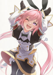 Rule 34 | 1boy, astolfo (fate), astolfo (saber) (fate), astolfo (saber) (third ascension) (fate), black bow, black gloves, black ribbon, bow, bowtie, commentary request, fate/grand order, fate (series), gloves, hair bow, hair intakes, hair ribbon, highres, long hair, long sleeves, looking at viewer, male focus, multicolored hair, one eye closed, pink hair, purple eyes, ribbon, simple background, solo, streaked hair, trap, twintails, white background, white hair, yunar