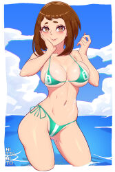 Rule 34 | 1girl, absurdres, artist name, bikini, blue sky, boku no hero academia, breasts, brown eyes, brown hair, closed mouth, cloud, day, green bikini, hand on own cheek, hand on own face, highres, hitto hito, large breasts, light blush, looking at viewer, navel, ocean, skindentation, sky, solo, swimsuit, uraraka ochako, wading