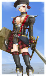 Rule 34 | 1girl, bagpipes, beret, blue hair, boots, breasts, capcom, character request, collar, hat, instrument, large breasts, monster hunter (series), monster hunter frontier, panties, plaid, rasukaru, red eyes, shield, short hair, solo, sword, thighhighs, underwear, weapon