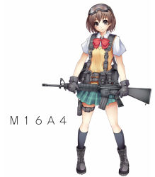 Rule 34 | 1girl, ammunition pouch, assault rifle, boots, bow, bowtie, brown eyes, brown hair, combat boots, gloves, goggles, goggles on head, gun, kneehighs, legs, load bearing vest, looking at viewer, m16, m16a4, original, pouch, rifle, school uniform, short hair, simple background, skirt, socks, solo, standing, taiyou, thigh strap, vest, weapon