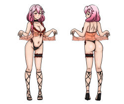Rule 34 | 1girl, asortofcolorfag, ass, back, bare shoulders, breasts, cleavage, full body, guilty crown, hair ornament, hairclip, highres, long hair, looking at viewer, midriff, multiple views, navel, nightgown, nightgown lift, pink hair, red eyes, smile, standing, thong, twintails, yuzuriha inori