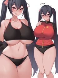 Rule 34 | 1girl, ahoge, alternate costume, arm behind back, azur lane, bare shoulders, black hair, blush, breasts, cleavage, collarbone, commentary, crossed bangs, curvy, gluteal fold, groin, hair between eyes, hair ribbon, hand up, highres, huge breasts, jacket, kuavera, long hair, long sleeves, looking at viewer, multiple views, navel, parted lips, red eyes, red jacket, red ribbon, ribbon, seductive smile, simple background, skindentation, smile, sports bra, steaming body, striped ribbon, sweat, taihou (azur lane), thick thighs, thigh gap, thighs, track jacket, twintails, underboob, wide hips, zipper pull tab