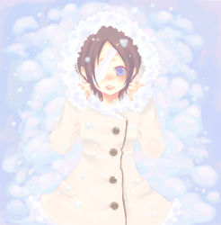 Rule 34 | 00s, 1girl, arms up, buttons, chrome dokuro, coat, eyepatch, from above, fur trim, katekyo hitman reborn!, long sleeves, looking at viewer, lying, on back, short hair, snow, snowing, solo, winter, winter clothes, winter coat