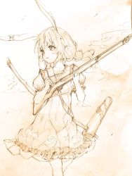 Rule 34 | 1girl, animal ears, rabbit ears, cowboy shot, crescent moon, dress, greyscale, gun, hammer and sickle, looking to the side, mallet, monochrome, moon, nagata nagato, puffy short sleeves, puffy sleeves, rifle, seiran (touhou), sepia, short hair, short sleeves, sketch, smoke, solo, star (symbol), star print, strap, touhou, traditional media, weapon