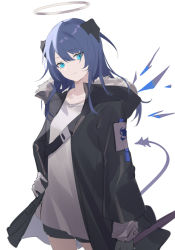 Rule 34 | 1girl, arknights, bad id, bad pixiv id, black gloves, black jacket, black shorts, blue eyes, blue hair, blue wings, closed mouth, detached wings, gloves, grey wings, hair between eyes, halo, hand on own hip, horns, hua ye, jacket, long hair, long sleeves, looking at viewer, mostima (arknights), open clothes, open jacket, shirt, short shorts, shorts, simple background, smile, solo, tail, white background, white shirt, wings