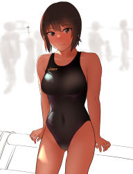 Rule 34 | 1girl, asics, black hair, black one-piece swimsuit, breasts, brown eyes, commentary request, competition swimsuit, covered navel, cowboy shot, girls und panzer, hieda (hiedanoaqn), highres, looking at viewer, medium breasts, nishizumi maho, one-piece swimsuit, railing, short hair, solo, swimsuit, translation request