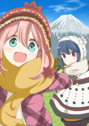 2girls black_fingerless_gloves blue_eyes blue_hair closed_mouth cloud day dot_nose feet_out_of_frame female_focus fingerless_gloves gloves grass hair_between_eyes hat kagamihara_nadeshiko kaneyo mount_fuji mountain multiple_girls open_mouth pantyhose pink_hair purple_eyes purple_pantyhose scarf scenery shima_rin sky smile standing winter_clothes yurucamp