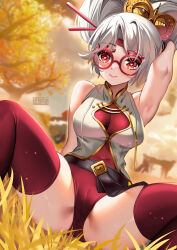 Rule 34 | 1girl, arm up, armpits, bare shoulders, breasts, commentary, covered navel, glasses, grass, hair ornament, hair stick, highres, large breasts, nintendo, purah, red-framed eyewear, red eyes, red thighhighs, sitting, sleeveless, solo, spread legs, squchan, the legend of zelda, the legend of zelda: tears of the kingdom, thighhighs, thighs, tree, white hair