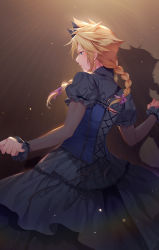 Rule 34 | 1boy, black dress, blonde hair, blue eyes, bow, braid, cloud strife, crossdressing, dress, earrings, final fantasy, final fantasy vii, final fantasy vii remake, frilled sleeves, frills, from behind, hair bow, highres, hmniao, jewelry, male focus, pink bow, solo, spiked hair, standing, twin braids, wall market
