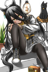 Rule 34 | 1girl, absurdres, ahoge, alternate costume, animal ears, bell, belt, black belt, black hair, black pantyhose, blush, bracelet, cat, closed mouth, commentary request, earrings, grey skirt, hair between eyes, haruun520, head rest, high tops, highres, horse ears, horse girl, horse tail, indoors, jacket, jewelry, knee up, lantern, long hair, long sleeves, looking at viewer, manhattan cafe (umamusume), multicolored hair, neck bell, open clothes, open jacket, pantyhose, plaid, plaid skirt, plant, potted plant, radio, shoes, simple background, single earring, sitting, skirt, smile, sneakers, solo, spread legs, stool, streaked hair, sweater, tail, umamusume, very long hair, white background, white hair, white jacket, yellow eyes, yellow sweater