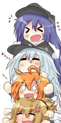 Rule 34 | &gt; &lt;, 10s, 4girls, :d, = =, akatsuki (kancolle), anchor symbol, anger vein, black hair, brown hair, chibi, closed eyes, crying, fang, flat cap, folded ponytail, hair ornament, hairclip, hat, hibiki (kancolle), houkodou, ikazuchi (kancolle), inazuma (kancolle), kantai collection, long hair, long sleeves, multiple girls, o o, open mouth, ponytail, short hair, silver hair, simple background, sleeping, smile, streaming tears, tears, white background, xd, zzz