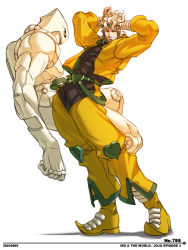 Rule 34 | 2boys, arms behind head, arms up, blonde hair, boots, bracer, chaps, dio brando, falcoon, jacket, jojo no kimyou na bouken, looking at viewer, looking away, male focus, multiple boys, muscular, pointy footwear, shoes, skin tight, stand (jojo), the world, yellow jacket