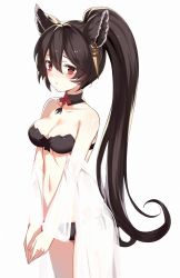 Rule 34 | 1girl, animal ears, bare shoulders, bikini, black bikini, black hair, blush, breasts, choker, cleavage, closed mouth, collarbone, commentary request, cowboy shot, ear piercing, earrings, erune, gin00, granblue fantasy, grey background, groin, hair between eyes, high ponytail, highres, jewelry, long hair, long sleeves, looking at viewer, medium breasts, navel, nier (granblue fantasy), off shoulder, piercing, ponytail, red eyes, see-through, side-tie bikini bottom, simple background, solo, standing, stomach, swimsuit, v arms, very long hair, white background