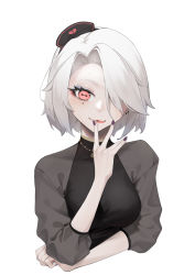 Rule 34 | 1girl, absurdres, arm under breasts, black dress, black hat, black nails, breasts, cephalopod eyes, closed mouth, collarbone, commentary request, cropped torso, dress, earrings, fei mao, grey hair, hair over one eye, hand up, hat, highres, jewelry, long sleeves, looking at viewer, medium breasts, mole, mole under eye, nail polish, nurse cap, original, pale skin, pink eyes, short hair, simple background, smile, solo, tongue, tongue out, upper body, white background