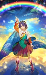 Rule 34 | 1girl, blue eyes, blue hair, cape, dress, hair between eyes, hairband, highres, multicolored clothes, multicolored dress, multicolored hairband, patchwork clothes, pointing, pointing up, rainbow, rainbow gradient, red button, short hair, sky print, solo, tenkyuu chimata, touhou, two-sided cape, two-sided fabric, white cape, zounose