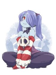 Rule 34 | 1girl, blue hair, blue skin, blush, breasts, cleavage, colored skin, detached collar, detached sleeves, dress, graveyard, hair over one eye, head tilt, highres, long sleeves, mtk hoshi, red eyes, sitting, skullgirls, smile, solo, squigly (skullgirls), stitched mouth, stitches, striped legwear, twintails