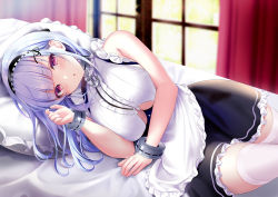 Rule 34 | 1girl, anchor ornament, apron, azur lane, black hairband, black skirt, blurry, blurry background, breasts, center frills, clothing cutout, commentary request, depth of field, dido (azur lane), frilled shirt, frills, hairband, hand up, head on pillow, indoors, large breasts, long hair, looking at viewer, lying, on bed, on side, pillow, pontaro18, purple eyes, shirt, skirt, sleeveless, sleeveless shirt, solo, thighhighs, underboob, underboob cutout, waist apron, white apron, white shirt, white thighhighs, wrist cuffs, zettai ryouiki
