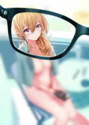 Rule 34 | 1girl, bathroom, blonde hair, blur censor, blurry, blurry vision, blush, breasts, censored, cleavage, closed mouth, convenient censoring, dot mouth, eyewear view, glasses, hair between eyes, highres, holding, holding phone, holding removed eyewear, kagawa ichigo, long hair, looking at viewer, nude, open mouth, original, phone, pov, purple eyes, sitting, solo focus, towel, towel around neck, unworn eyewear, wet, wet hair