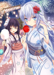 Rule 34 | 10s, 2girls, :d, ^ ^, akatsuki (kancolle), alternate costume, aruka (alka p1), blue eyes, blush, candy apple, closed eyes, cotton candy, fireworks, floral print, flower ornament, food, fox mask, hair between eyes, hair ornament, hammer and sickle, hibiki (kancolle), japanese clothes, kantai collection, kimono, long hair, long sleeves, looking at viewer, mask, mask on head, multiple girls, night, night sky, obi, open mouth, purple hair, sash, silver hair, sky, smile, star (sky), star (symbol), verniy (kancolle), water yoyo, wide sleeves, yukata