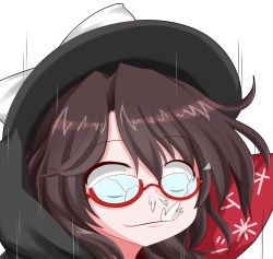 Rule 34 | 1girl, arc system works, blank eyes, broken eyewear, brown hair, cape, clothes writing, glasses, guilty gear, guilty gear xrd, hat, kanchou, low twintails, oden (th-inaba), parody, portrait, red-framed eyewear, semi-rimless eyewear, short hair, simple background, sin kiske, solo, spitting, style parody, touhou, twintails, under-rim eyewear, upper body, usami sumireko, white background