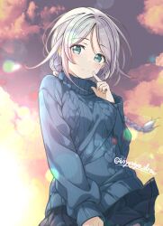 Rule 34 | 1girl, black skirt, blue sweater, finger to mouth, green eyes, grey hair, kantai collection, lens flare, long sleeves, looking at viewer, miniskirt, parted bangs, ribbed sweater, skirt, smile, solo, sweater, twitter username, umikaze (kancolle), viyoviyo draw