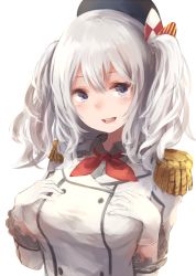Rule 34 | 10s, 1girl, beret, blue eyes, blush, breasts, buttons, commentary request, epaulettes, female focus, gloves, hands on own chest, hat, jacket, kantai collection, kashima (kancolle), kerchief, large breasts, long hair, looking at viewer, makihitsuji, military, military uniform, open mouth, sidelocks, silver hair, simple background, smile, solo, twintails, uniform, upper body, wavy hair, white background, white gloves