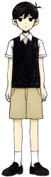 Rule 34 | 1boy, antenna hair, arms at sides, black eyes, black footwear, black hair, black sweater vest, closed mouth, collared shirt, expressionless, fingernails, full body, hair behind ear, hair between eyes, highres, looking at viewer, no pupils, official art, omocat, omori, shirt, short hair, short sleeves, shorts, socks, solo, standing, sunny (omori), sweater vest, transparent background, white shirt, white socks