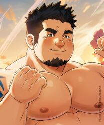 Rule 34 | 1boy, bara, belly, blush, cloud, cloudy sky, crave saga, daisukebear, facial hair, fat, fat man, goatee, highres, large pectorals, male focus, mature male, muscular, muscular male, nipples, nude, orange sky, original, paid reward available, pectorals, protagonist (crave saga), raised fists, short hair, shoulder tattoo, sky, smile, solo, tattoo, upper body, v-shaped eyebrows