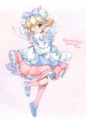 Rule 34 | 1girl, animal, apron, bell, blonde hair, blue apron, blue eyes, blue footwear, blush, cat, collared dress, commission, cutesu (cutesuu), double bun, dress, eyepatch, feathered wings, frilled apron, frilled sleeves, frills, full body, hair bell, hair bun, hair ornament, jingle bell, kneehighs, layered sleeves, loafers, long sleeves, medical eyepatch, original, parted lips, pink dress, pink lips, puffy short sleeves, puffy sleeves, shoes, short over long sleeves, short sleeves, skeb commission, sleeves past fingers, sleeves past wrists, socks, solo, white cat, white wings, wide sleeves, wings, yamabukiiro