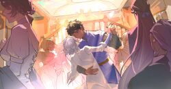 Rule 34 | 2boys, absurdres, beishang yutou, belt, black hair, blue eyes, braid, crowd, curly hair, dancing, dark-skinned male, dark skin, dress, dungeon meshi, elf, formal, grey hair, hand on another&#039;s back, high collar, highres, holding hands, indoors, kabru, long hair, looking at another, male focus, mithrun, multiple boys, notched ear, pointy ears, short hair, stairs, waltz (dance), yaoi
