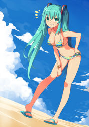 Rule 34 | 1girl, aqua eyes, aqua hair, armpits, bikini, blue sky, breasts, cleavage, cloud, collarbone, day, female focus, frilled bikini, frills, full body, gradient background, grin, hand on own hip, hatsune miku, highres, large breasts, long hair, multicolored bikini, multicolored clothes, outdoors, saiste, sandals, sky, smile, solo, standing, stomach, striped bikini, striped clothes, swimsuit, twintails, very long hair, vocaloid