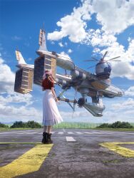 Rule 34 | 1girl, aerith gainsborough, aircraft, airship, blue sky, boots, bow, bracelet, braid, braided ponytail, brown hair, cropped jacket, dress, field, final fantasy, final fantasy vii, final fantasy vii rebirth, final fantasy vii remake, hair bow, highres, highwind, jacket, jewelry, key visual, official art, pink bow, pink dress, promotional art, red jacket, scenery, sky, solo, square enix, standing