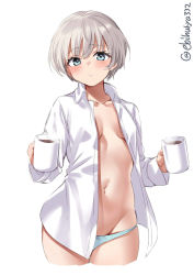 Rule 34 | 1girl, blue eyes, blue panties, blush, coffee, coffee mug, collarbone, collared shirt, cowboy shot, cropped legs, cup, ebifurya, groin, highres, holding, holding cup, kantai collection, long sleeves, looking at viewer, mug, navel, no pants, open clothes, open mouth, open shirt, panties, shirt, short hair, silver hair, simple background, solo, twitter username, underwear, white background, white shirt, z1 leberecht maass (kancolle)