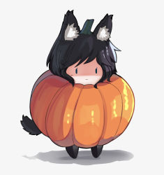 Rule 34 | 1girl, absurdres, animal ears, black hair, chibi, commentary, ehrrr, highres, original, pumpkin, pumpkin costume, shaded face, solo, sub-res, tail, wolf ears, wolf tail, | |