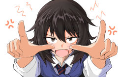 Rule 34 | &gt;:o, 10s, 1girl, absurdres, andou (girls und panzer), anger vein, brown eyes, brown hair, dark-skinned female, dark skin, girls und panzer, hair between eyes, highres, isofude, necktie, pointing, short hair, solo, v-shaped eyebrows