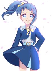 Rule 34 | 1girl, blue eyes, blue hair, blue skirt, cherry blossoms, commentary, eyelashes, falling petals, fpminnie1, hair ornament, hair ribbon, happy, highres, hirogaru sky! precure, looking at viewer, medium hair, petals, ponytail, precure, ribbon, school uniform, side ponytail, simple background, skirt, smile, solo, sora harewataru, standing, symbol-only commentary, white background, yellow ribbon