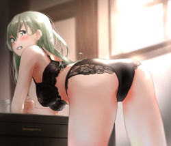 Rule 34 | 1girl, ass, black bra, black panties, blush, bra, breasts, commentary request, green hair, hair between eyes, highres, kantai collection, large breasts, long hair, panties, revision, solo, sunlight, suzuya (kancolle), tama (tamago), underwear, underwear only, window
